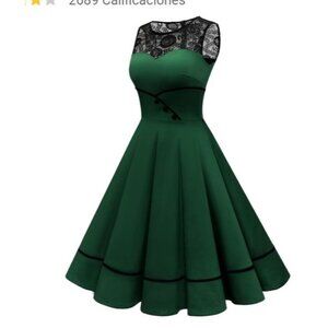 Womens 2XL 50s Vintage Floral Lace Green Cocktail Party Swing Dress 2XL